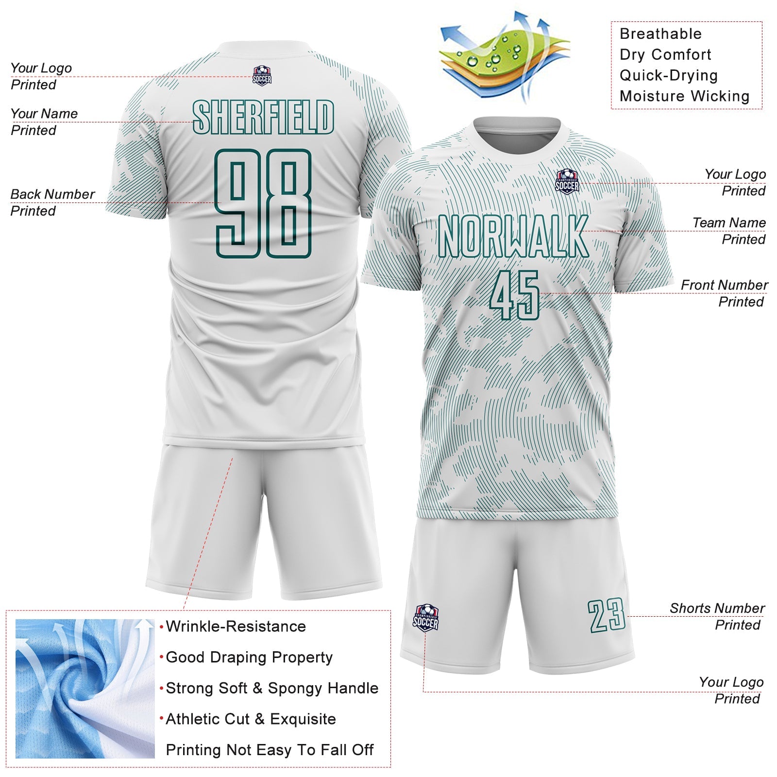 Custom White-Teal Curve Lines Sublimation Soccer Uniform Jersey view 4