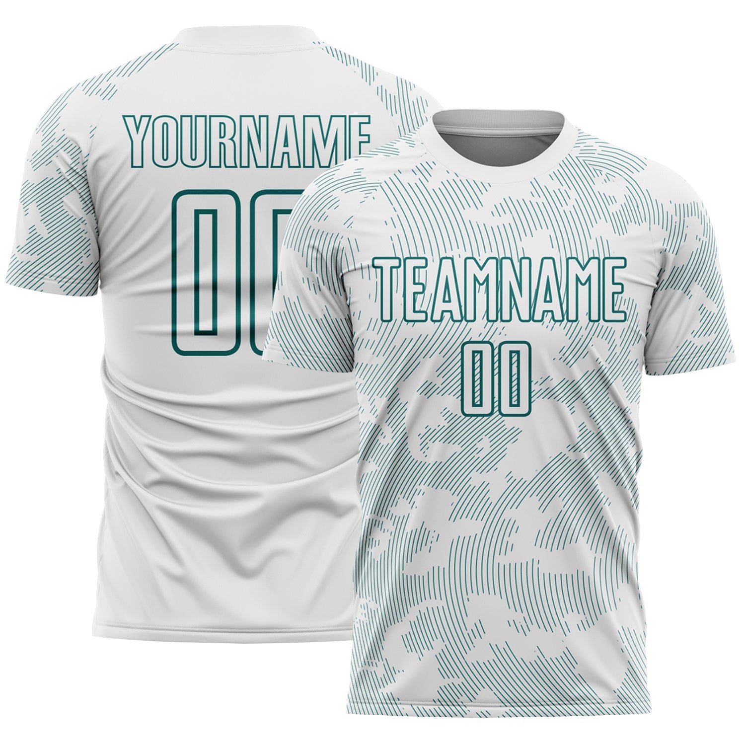 Custom White-Teal Curve Lines Sublimation Soccer Uniform Jersey - Main View
