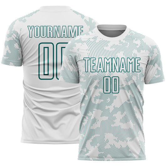 Custom White-Teal Curve Lines Sublimation Soccer Uniform Jersey - Main View