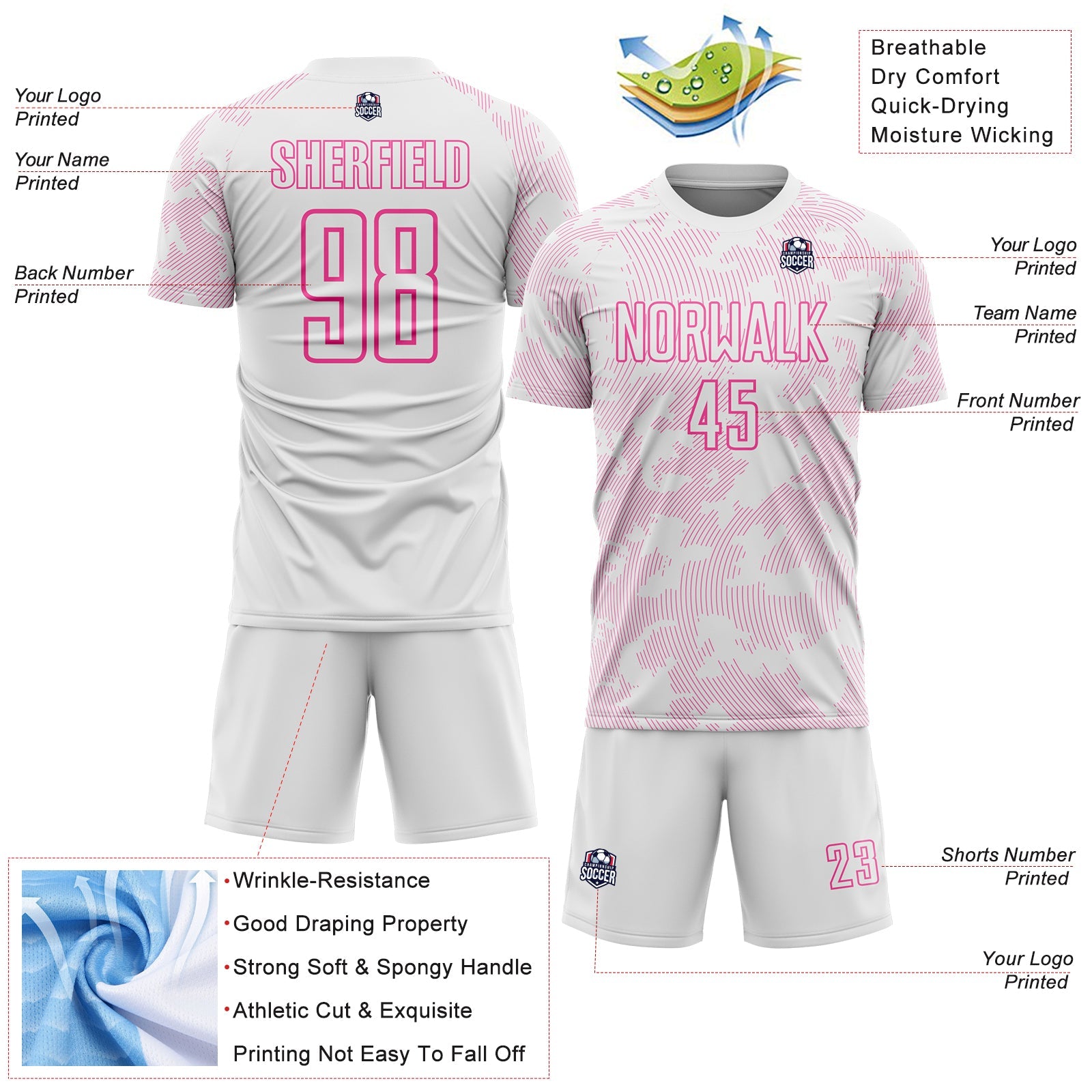 Custom White-Pink Curve Lines Sublimation Soccer Uniform Jersey view 4
