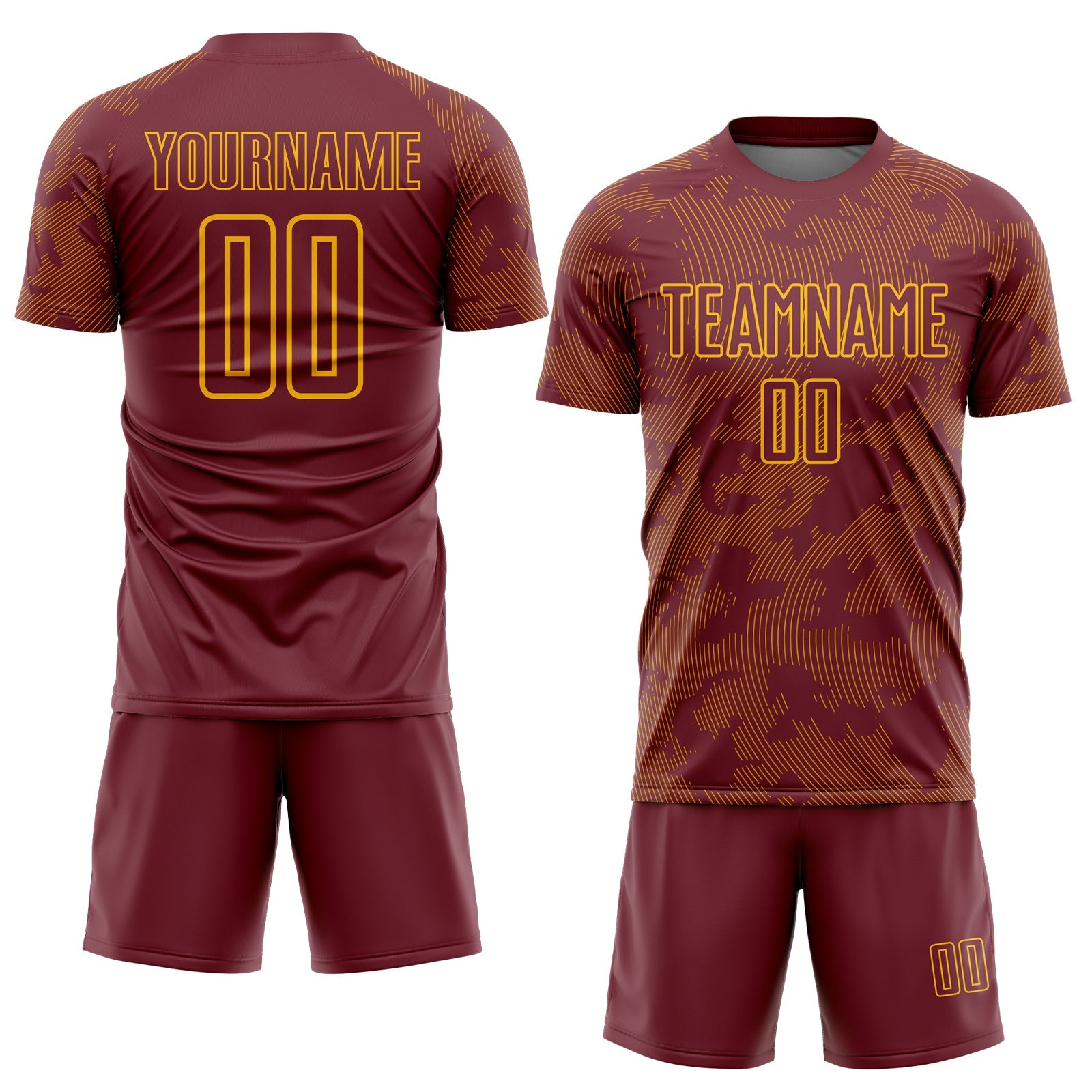 Custom Burgundy-Gold Curve Lines Sublimation Soccer Uniform Jersey view 2