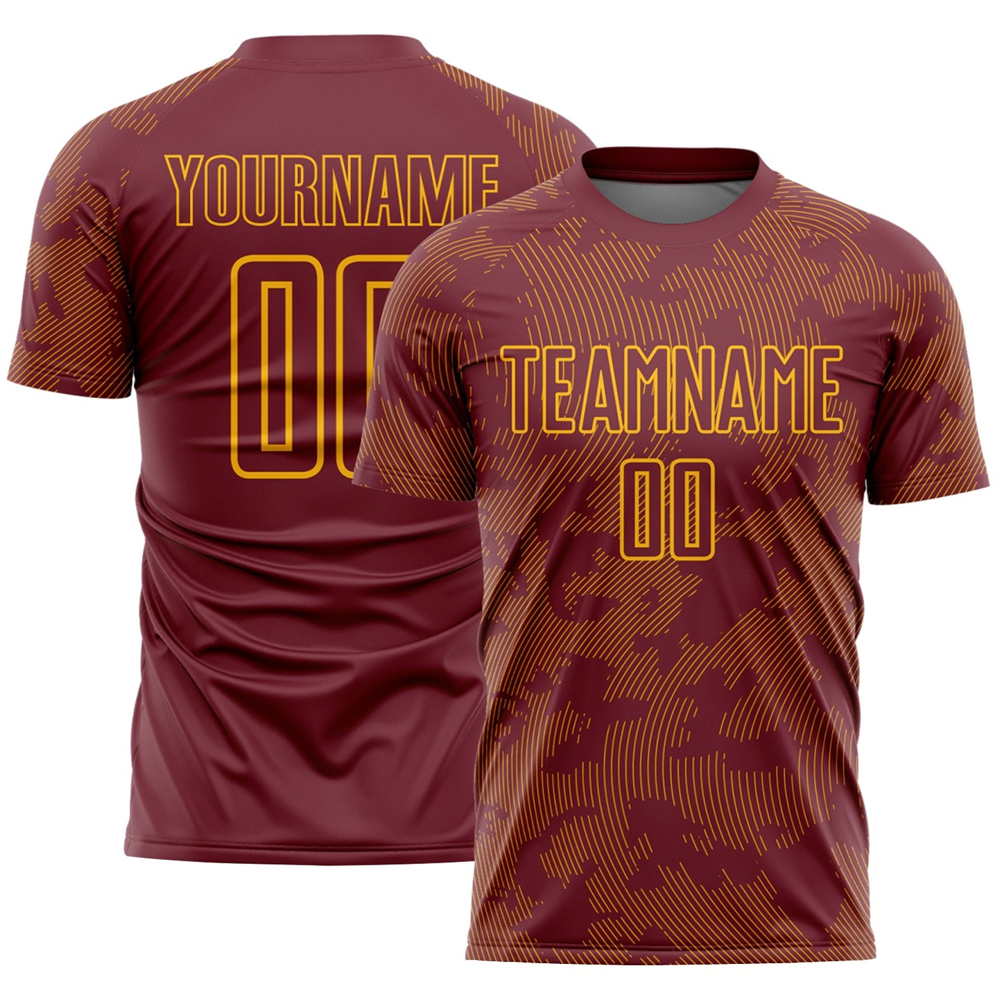 Custom Burgundy-Gold Curve Lines Sublimation Soccer Uniform Jersey - Main View