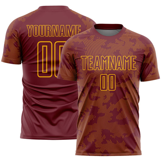 Custom Burgundy-Gold Curve Lines Sublimation Soccer Uniform Jersey - Main View