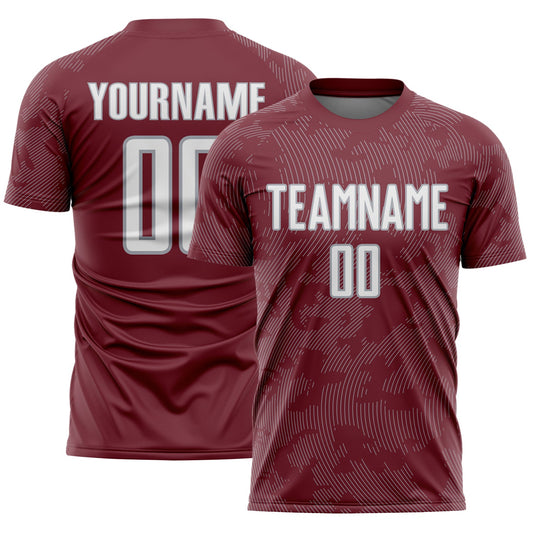 Custom Burgundy White-Gray Curve Lines Sublimation Soccer Uniform Jersey - Main View