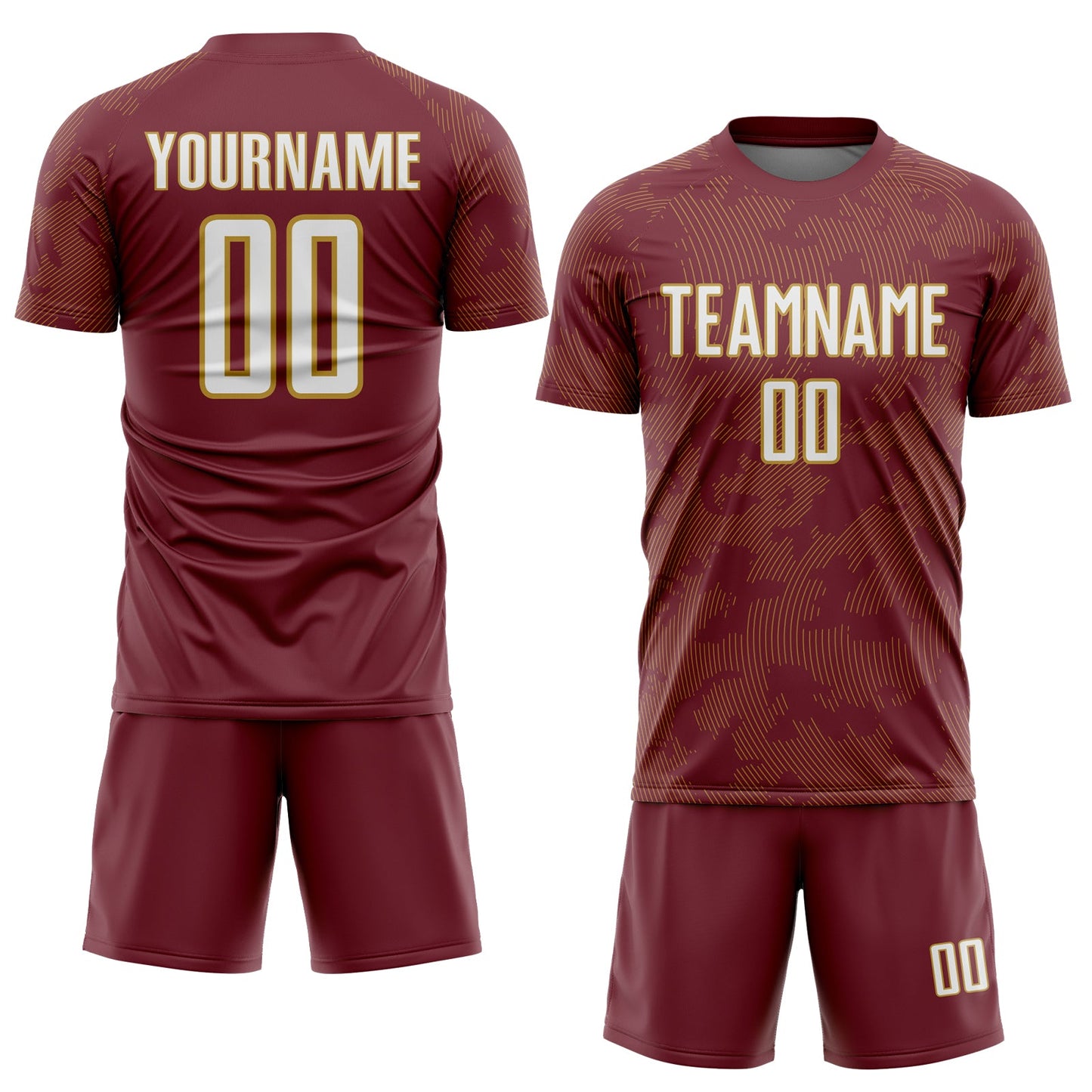 Custom Burgundy White-Old Gold Curve Lines Sublimation Soccer Uniform Jersey view 2