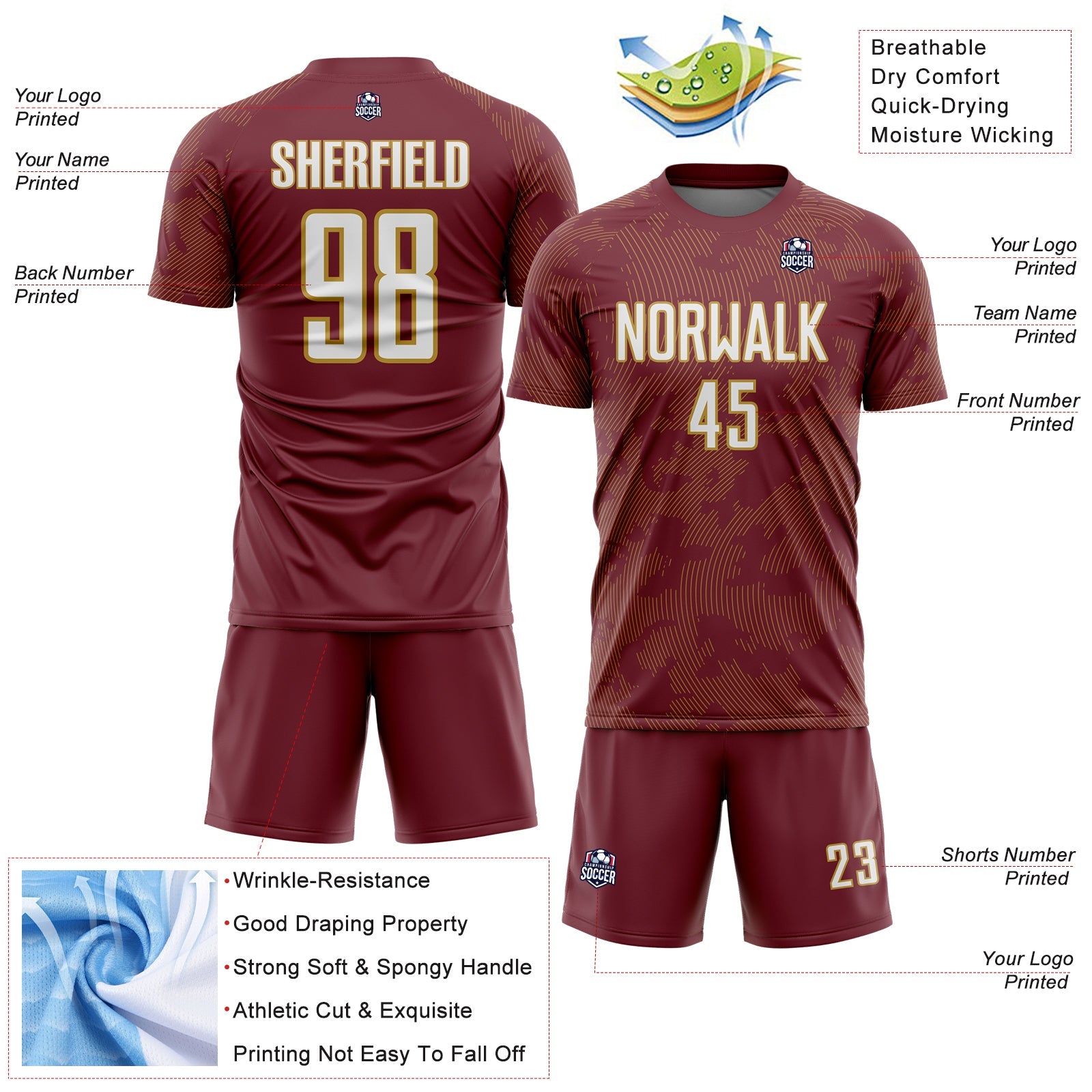 Custom Burgundy White-Old Gold Curve Lines Sublimation Soccer Uniform Jersey view 4