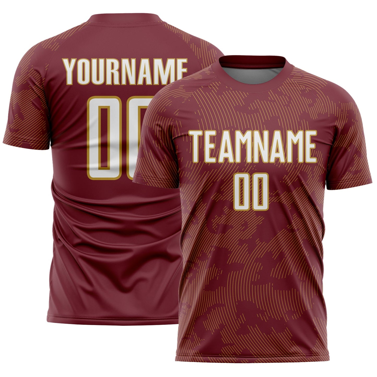 Custom Burgundy White-Old Gold Curve Lines Sublimation Soccer Uniform Jersey - Main View