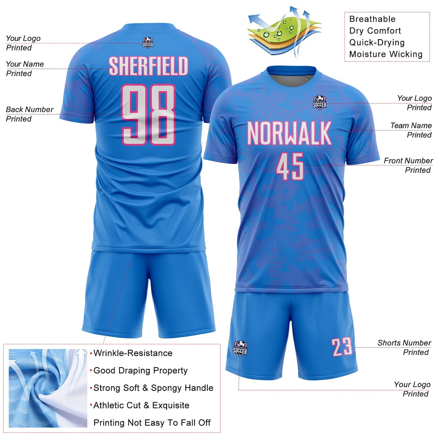 Custom Powder Blue White-Pink Curve Lines Sublimation Soccer Uniform Jersey view 4