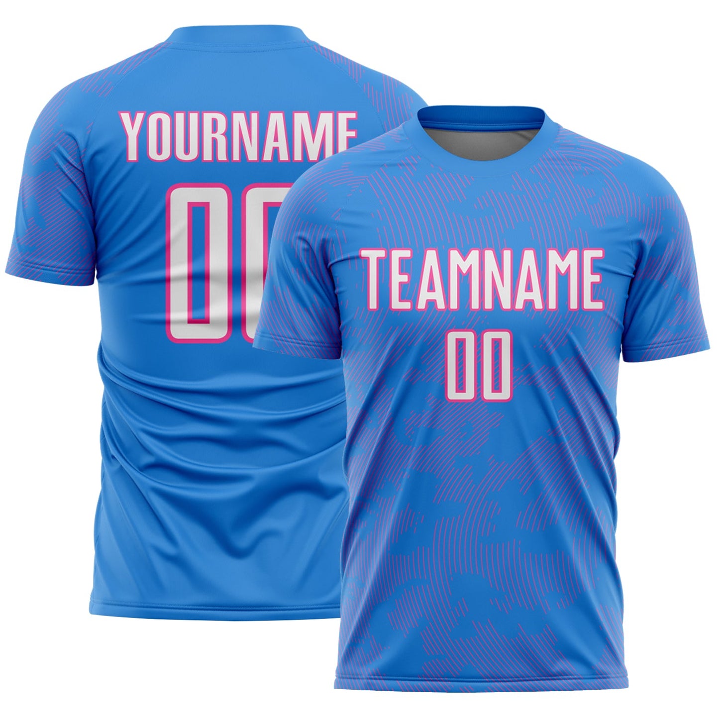 Custom Powder Blue White-Pink Curve Lines Sublimation Soccer Uniform Jersey - Main View