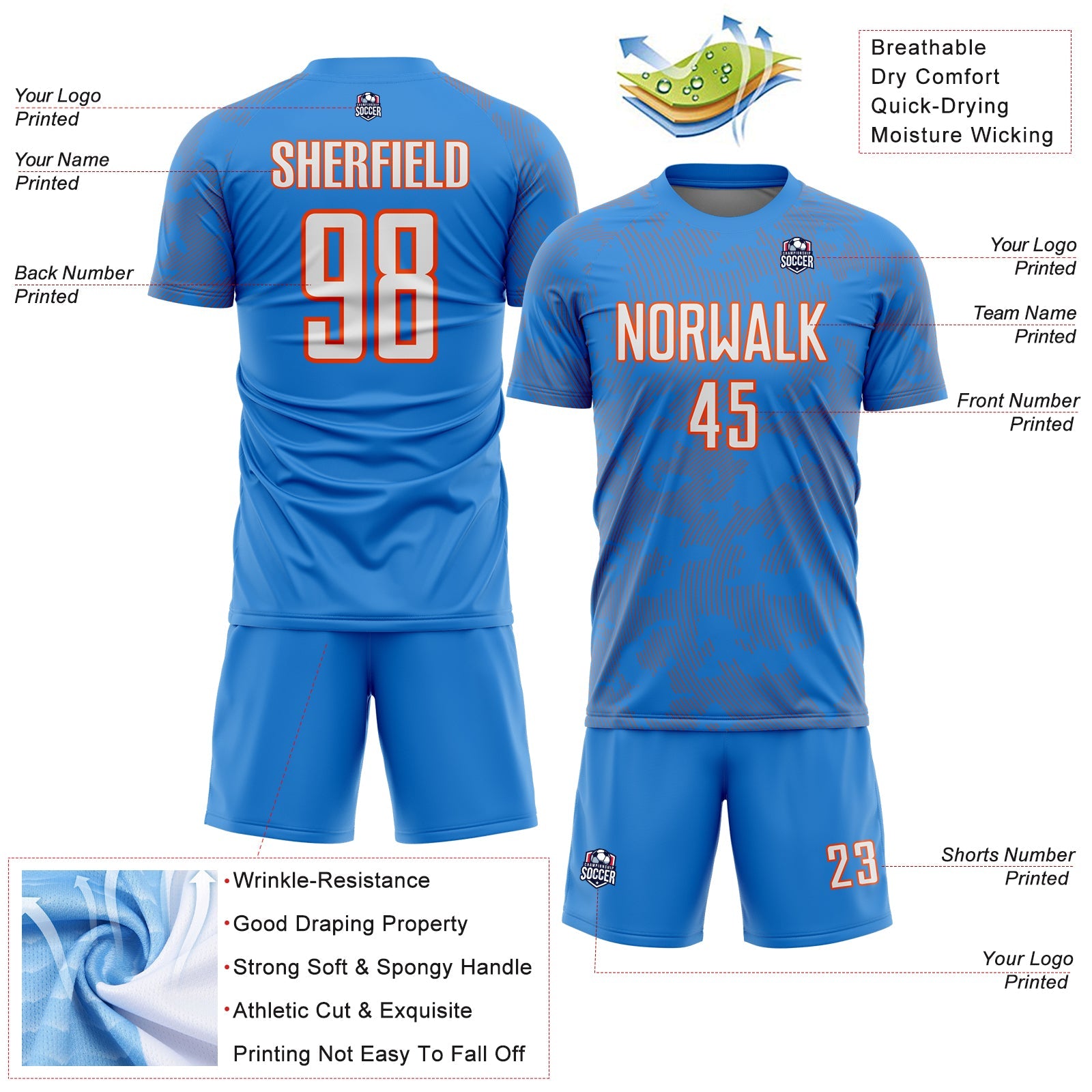 Custom Powder Blue White-Orange Curve Lines Sublimation Soccer Uniform Jersey view 4