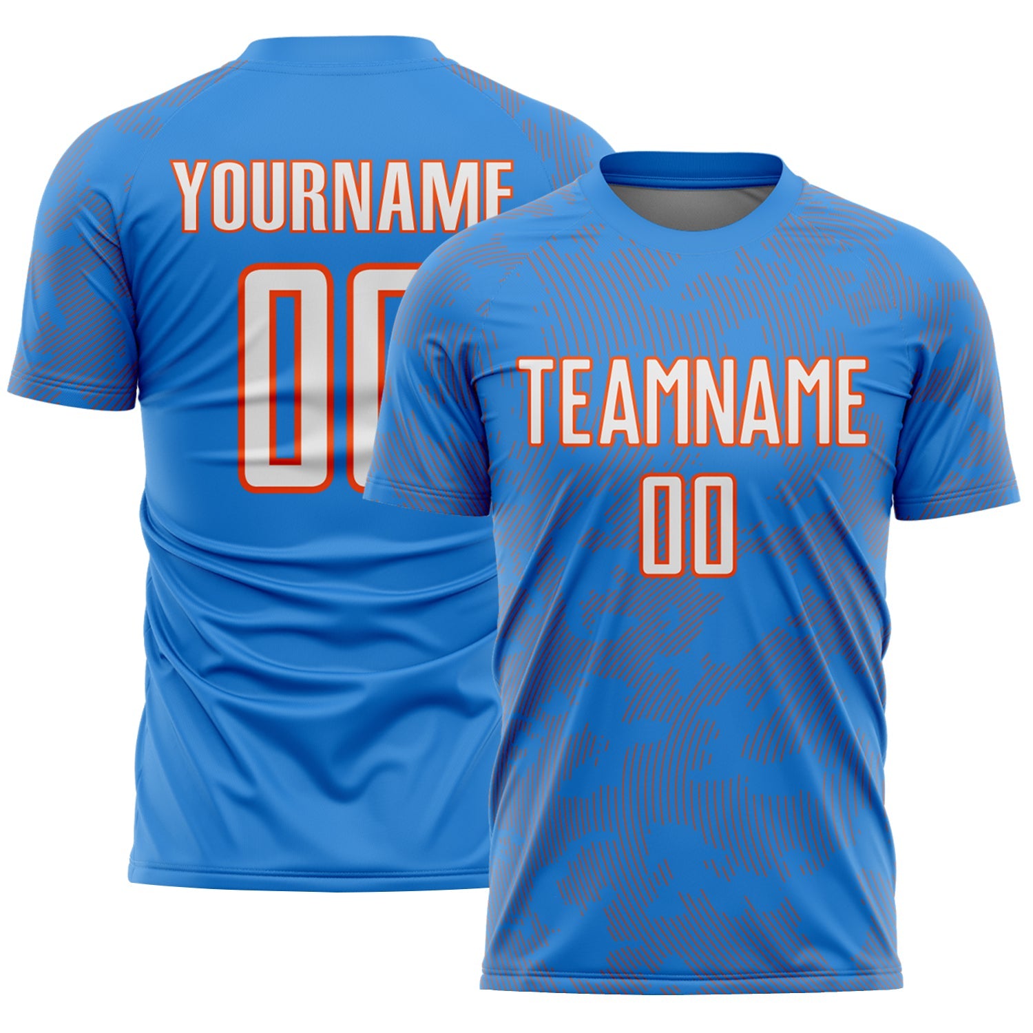 Custom Powder Blue White-Orange Curve Lines Sublimation Soccer Uniform Jersey - Main View