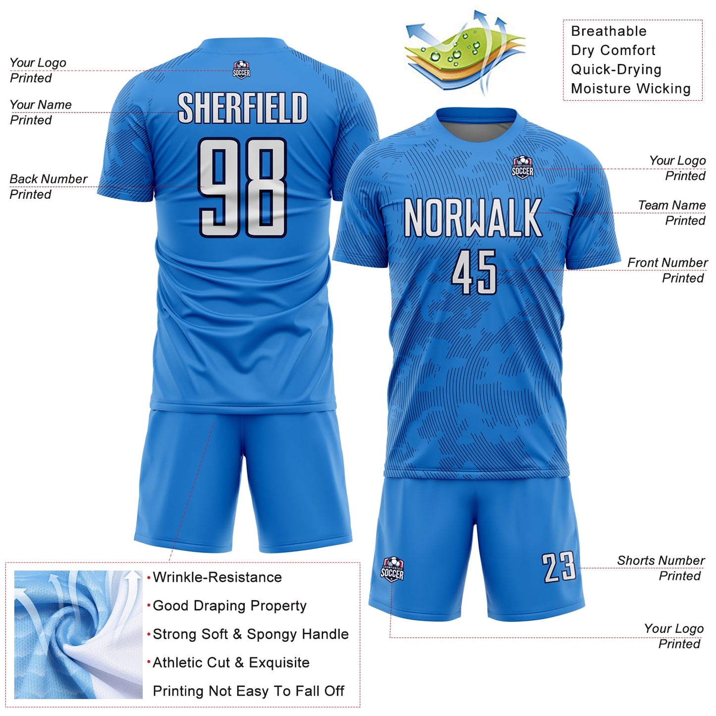 Custom Powder Blue White-Navy Curve Lines Sublimation Soccer Uniform Jersey view 4