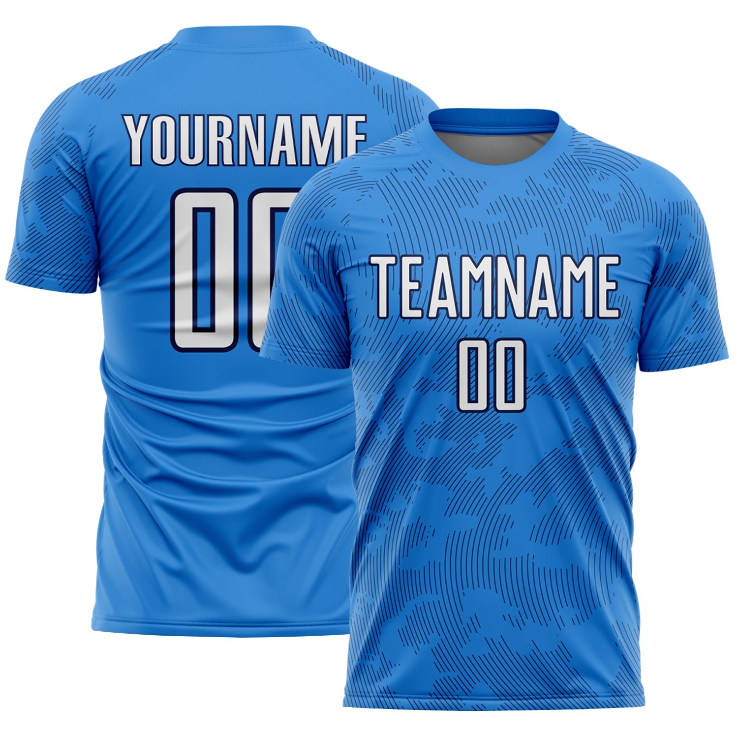 Custom Powder Blue White-Navy Curve Lines Sublimation Soccer Uniform Jersey - Main View