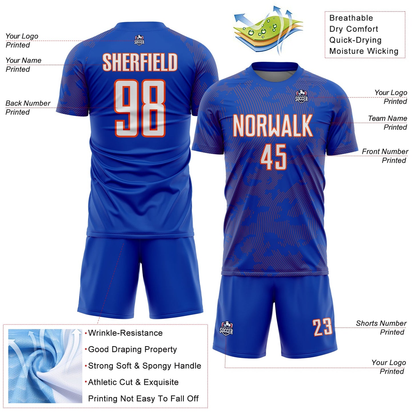 Custom Thunder Blue White-Orange Curve Lines Sublimation Soccer Uniform Jersey view 4