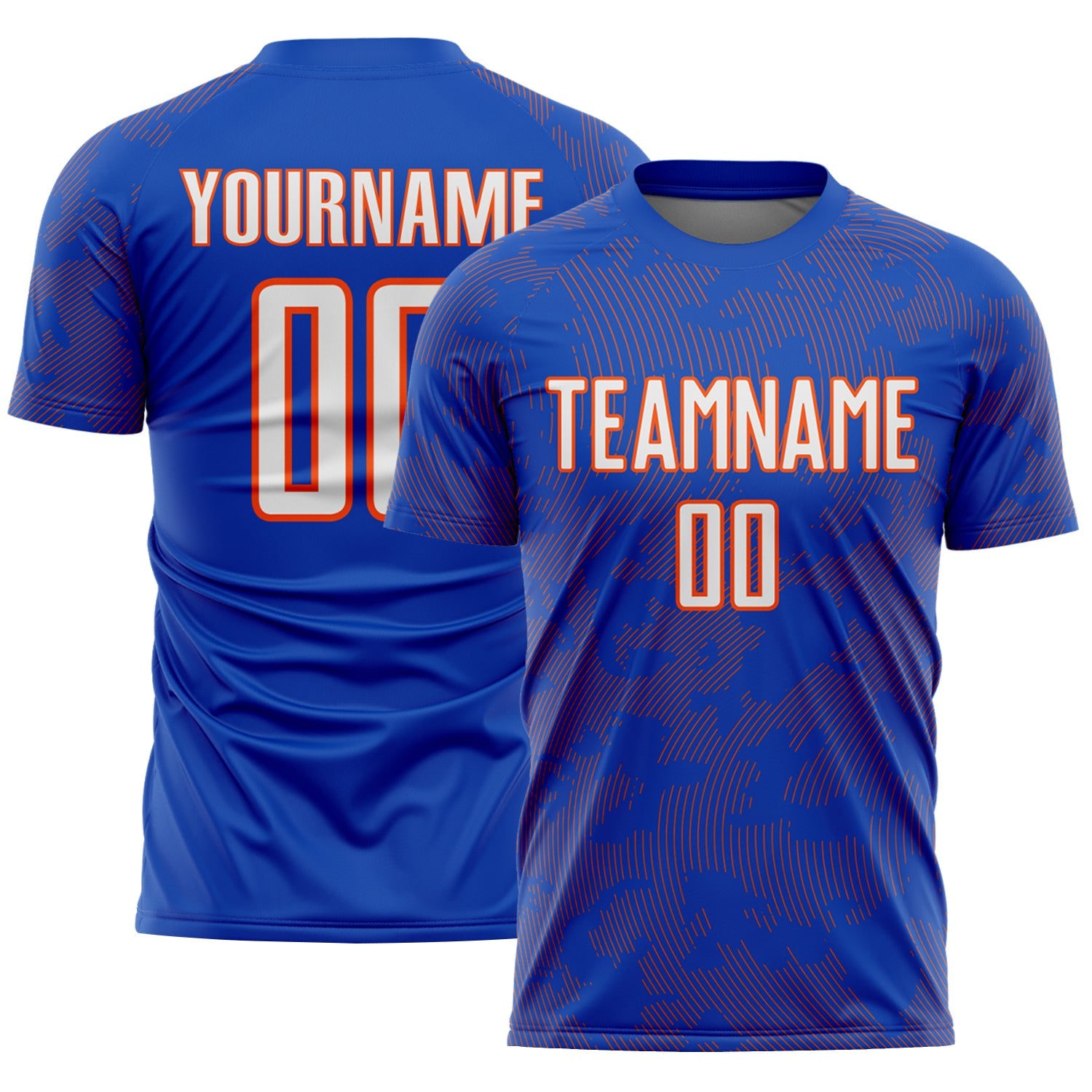 Custom Thunder Blue White-Orange Curve Lines Sublimation Soccer Uniform Jersey - Main View