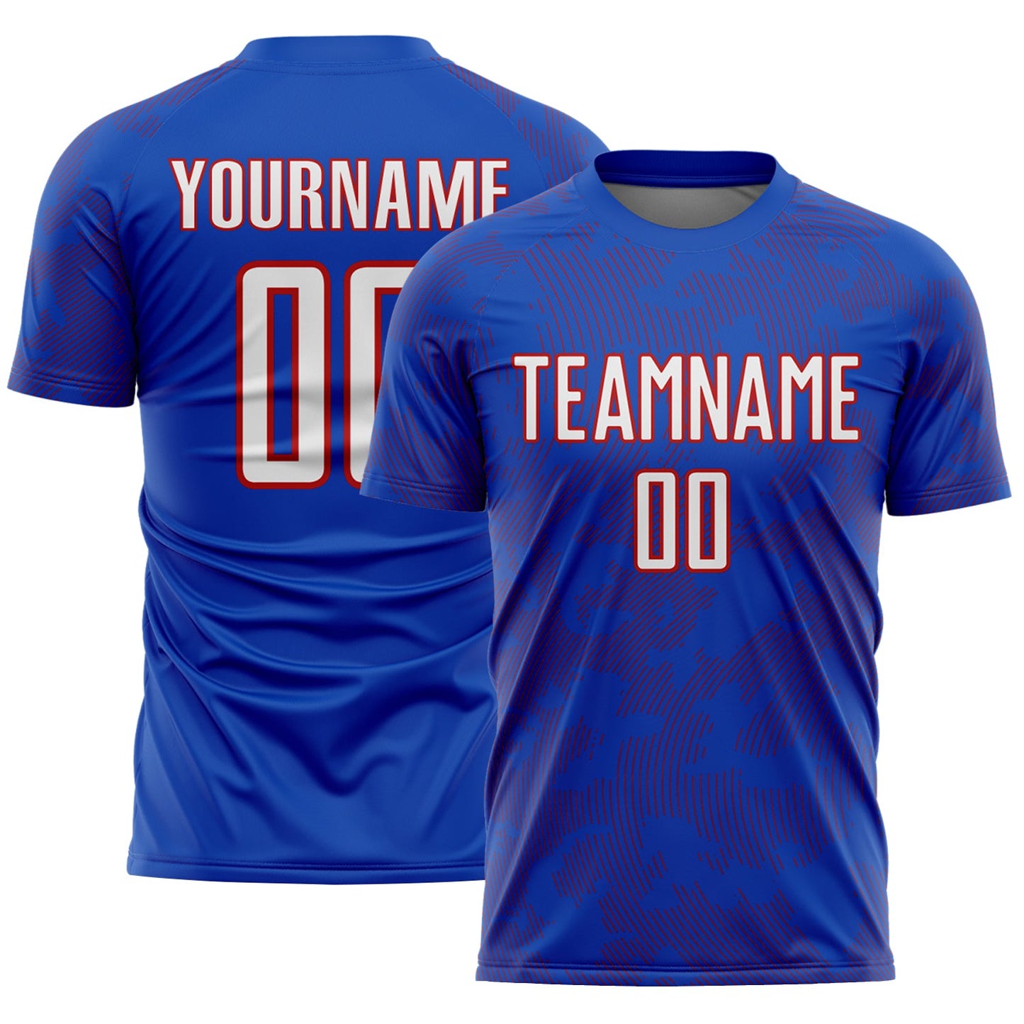 Custom Thunder Blue White-Red Curve Lines Sublimation Soccer Uniform Jersey - Main View