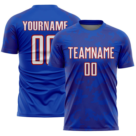 Custom Thunder Blue White-Red Curve Lines Sublimation Soccer Uniform Jersey - Main View