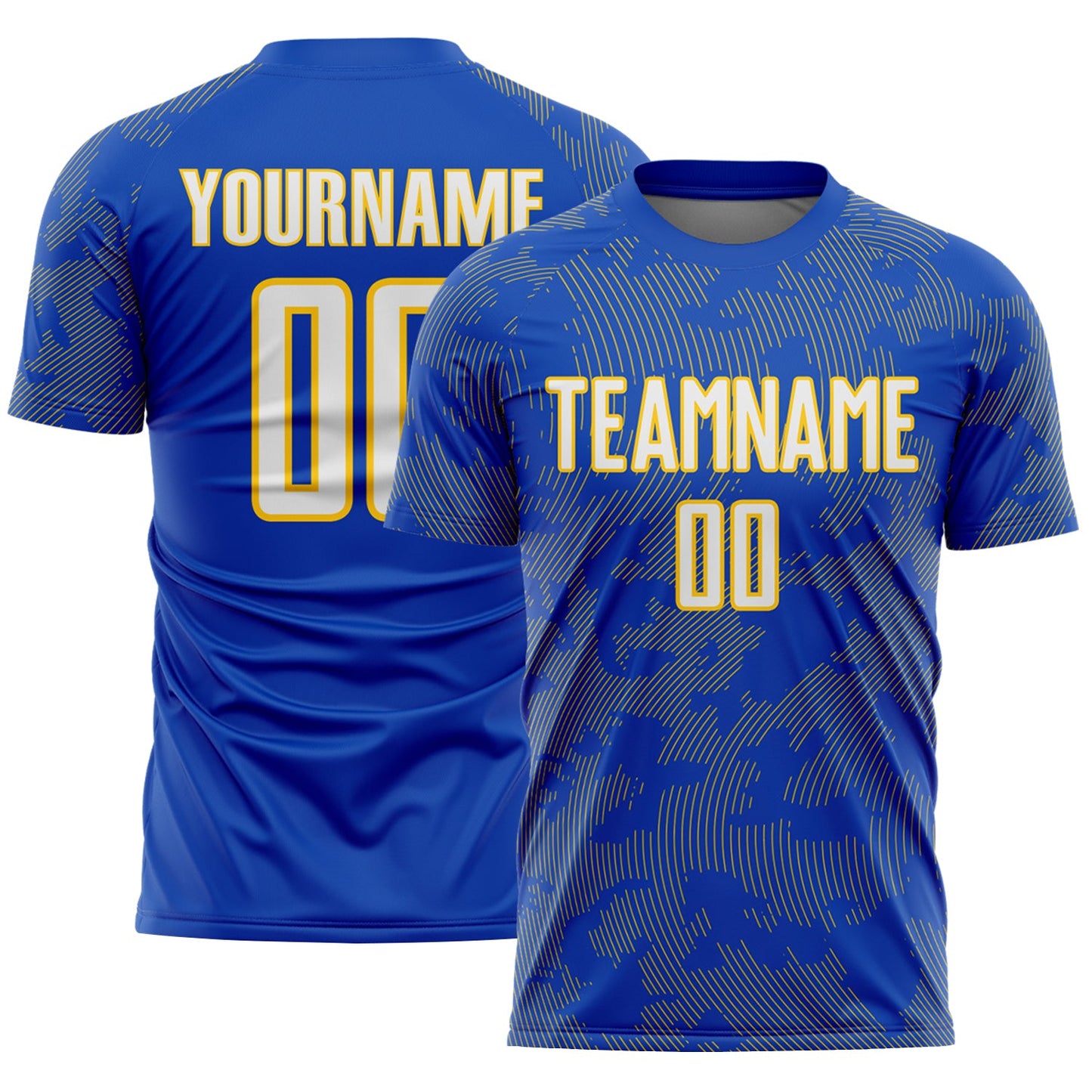 Custom Thunder Blue White-Yellow Curve Lines Sublimation Soccer Uniform Jersey - Main View