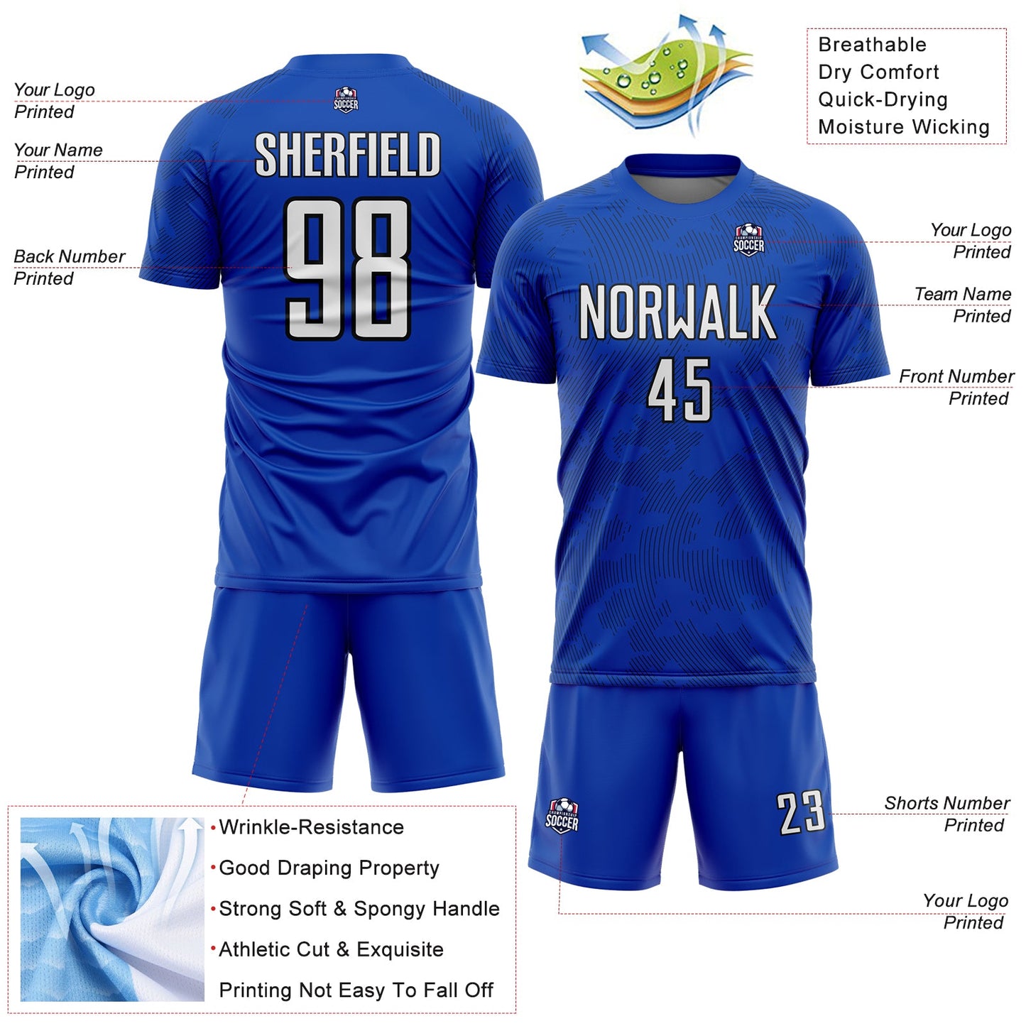 Custom Thunder Blue White-Black Curve Lines Sublimation Soccer Uniform Jersey view 4