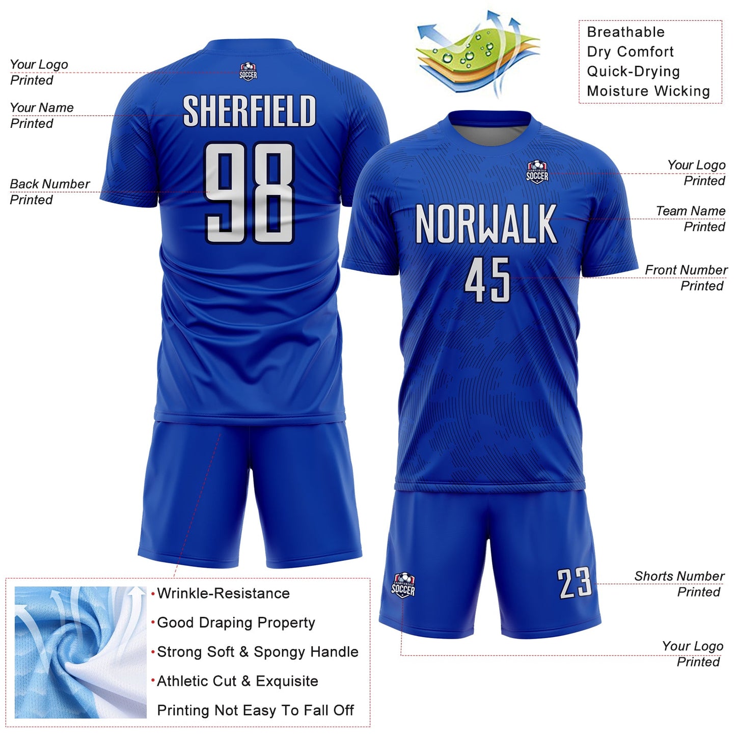 Custom Thunder Blue White-Navy Curve Lines Sublimation Soccer Uniform Jersey view 4