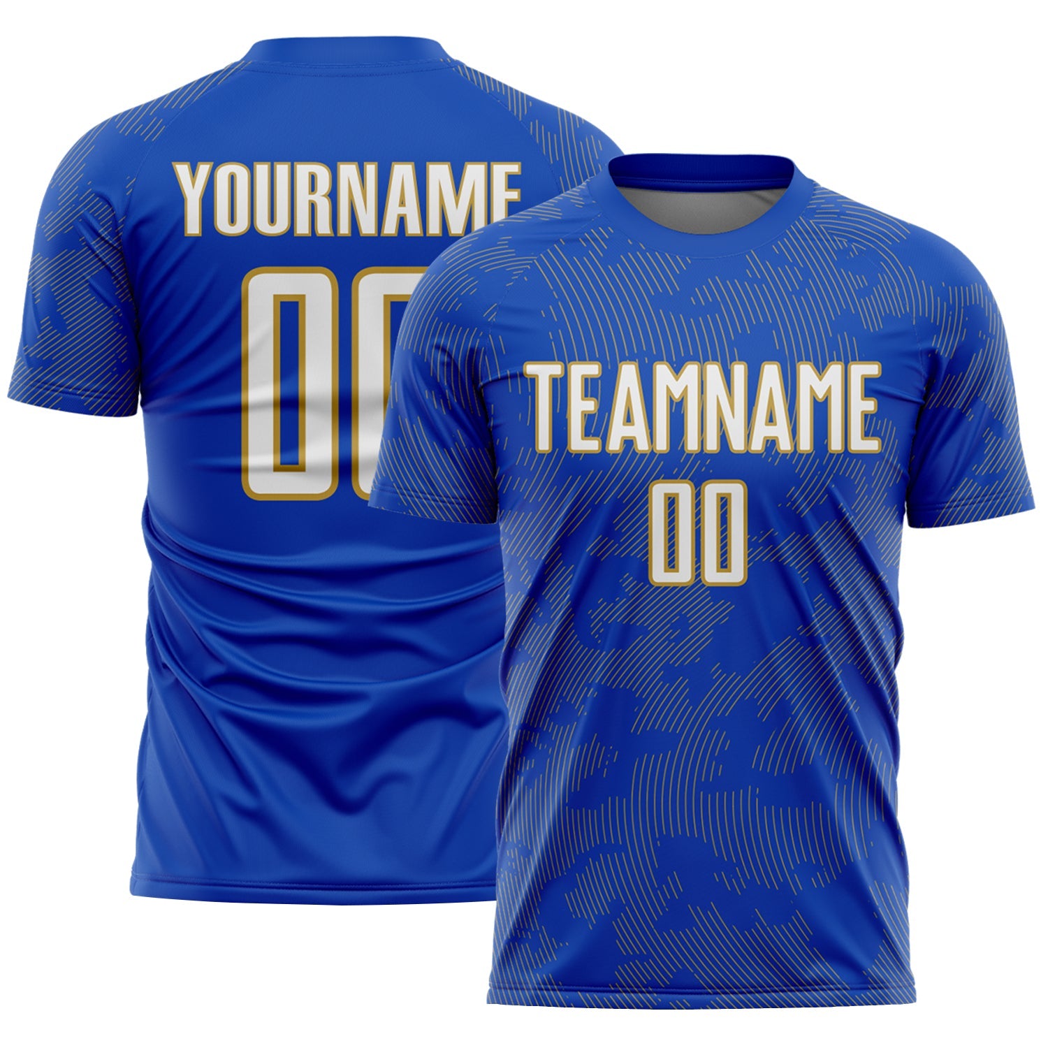 Custom Thunder Blue White-Old Gold Curve Lines Sublimation Soccer Uniform Jersey - Main View