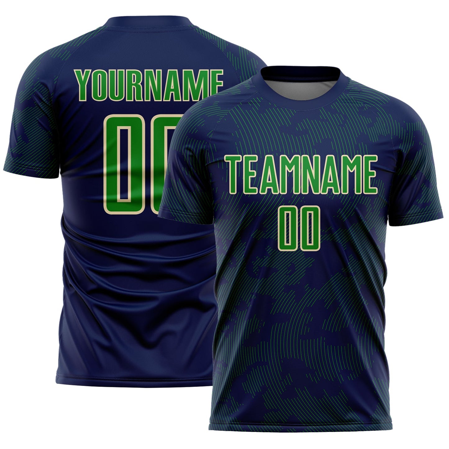 Custom Navy Grass Green-Cream Curve Lines Sublimation Soccer Uniform Jersey - Main View