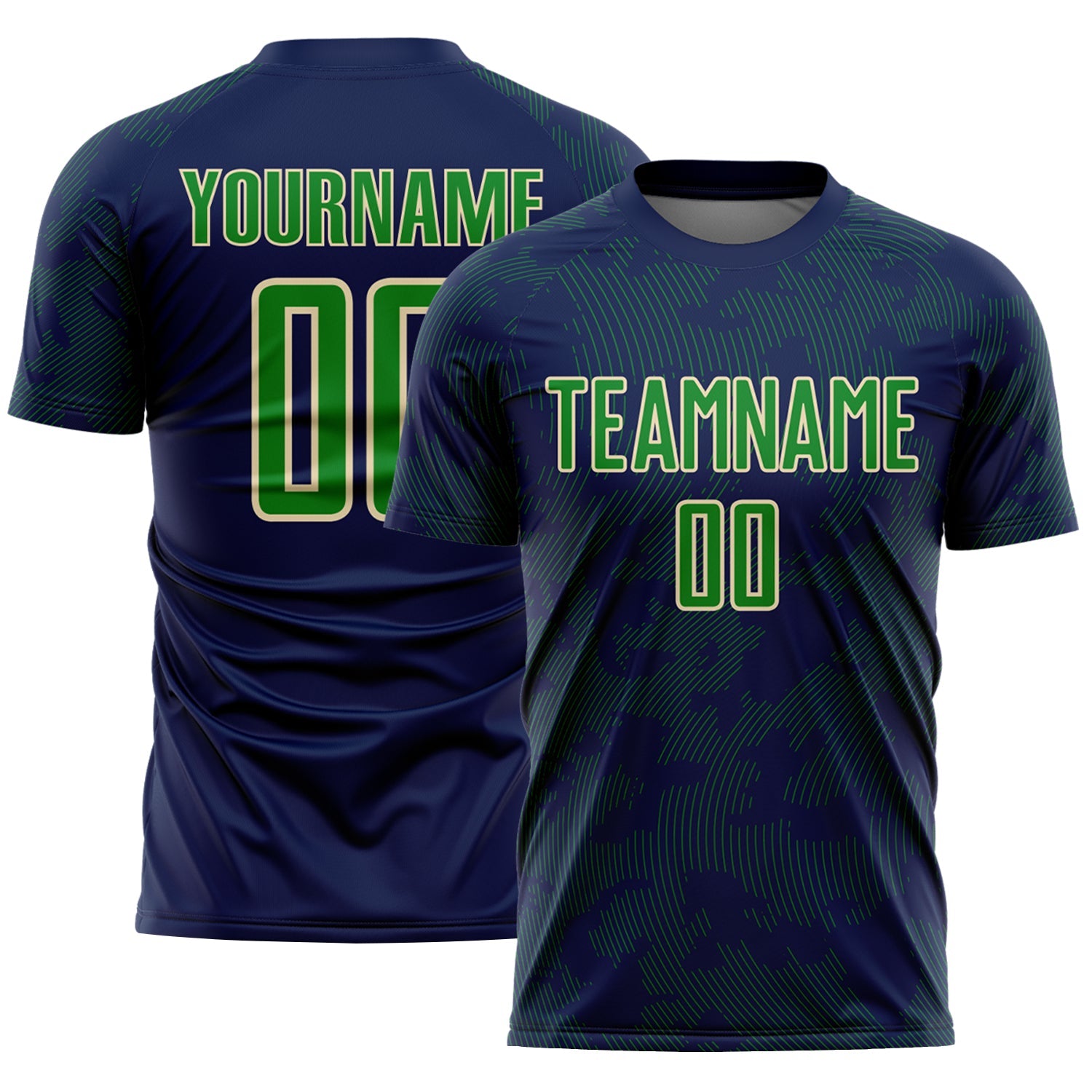 Custom Navy Grass Green-Cream Curve Lines Sublimation Soccer Uniform Jersey - Main View