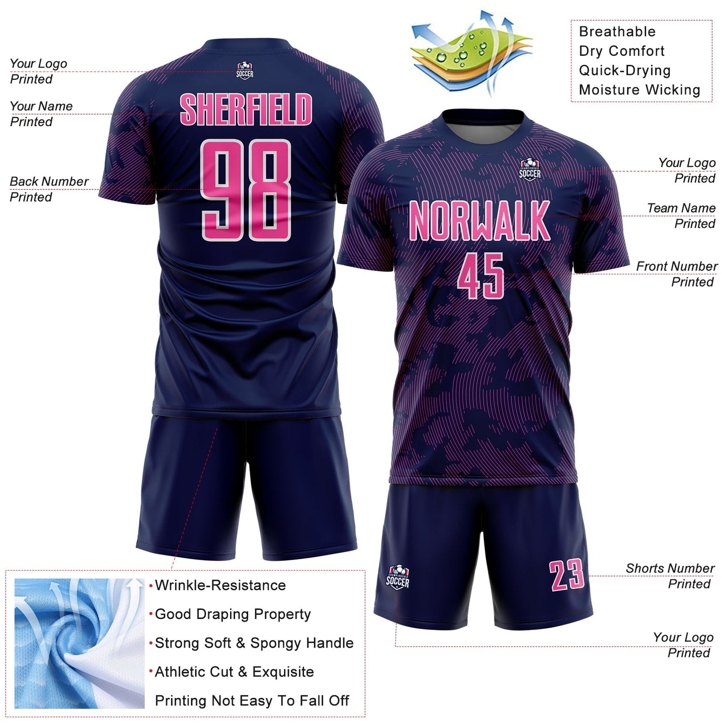 Custom Navy Pink-White Curve Lines Sublimation Soccer Uniform Jersey view 4