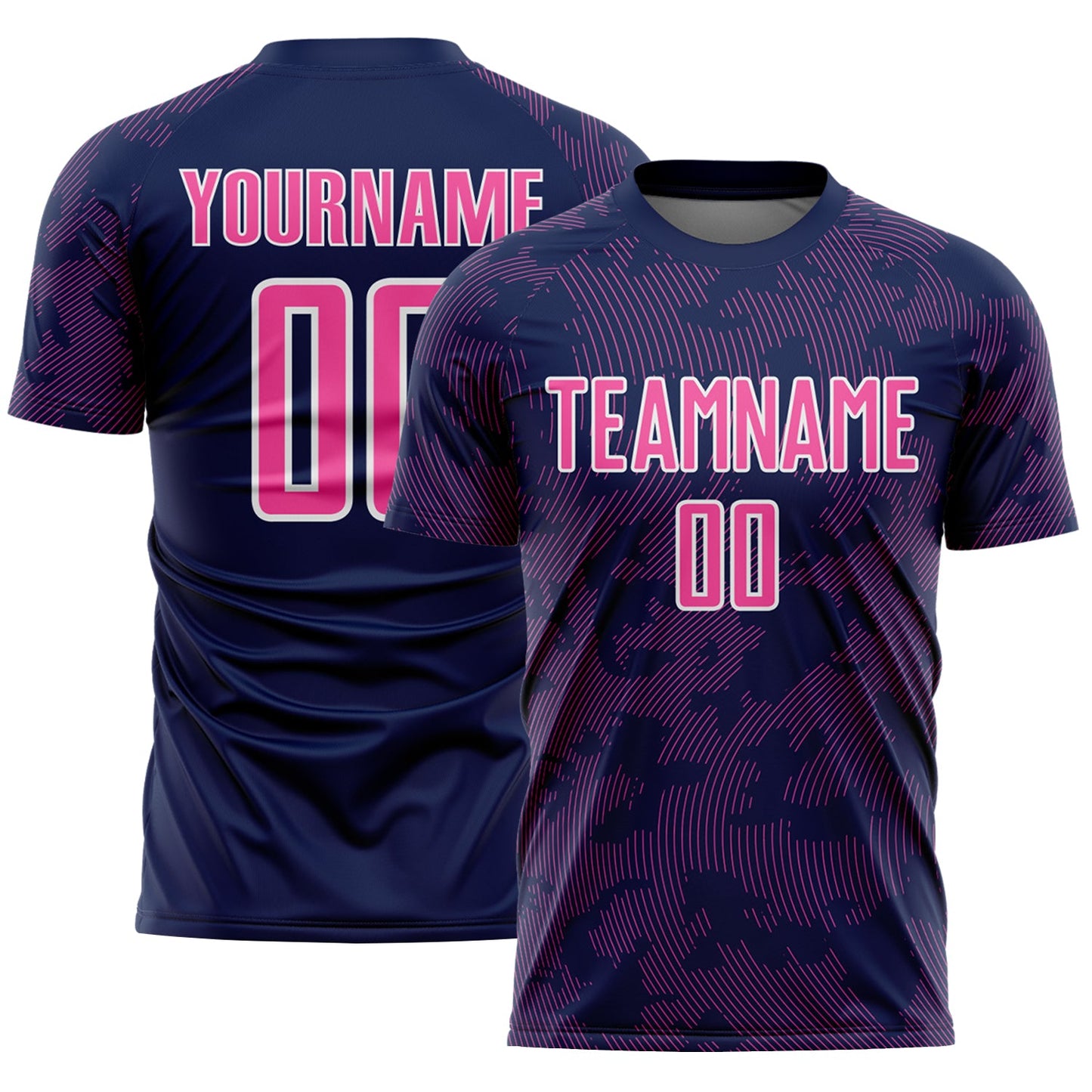 Custom Navy Pink-White Curve Lines Sublimation Soccer Uniform Jersey - Main View