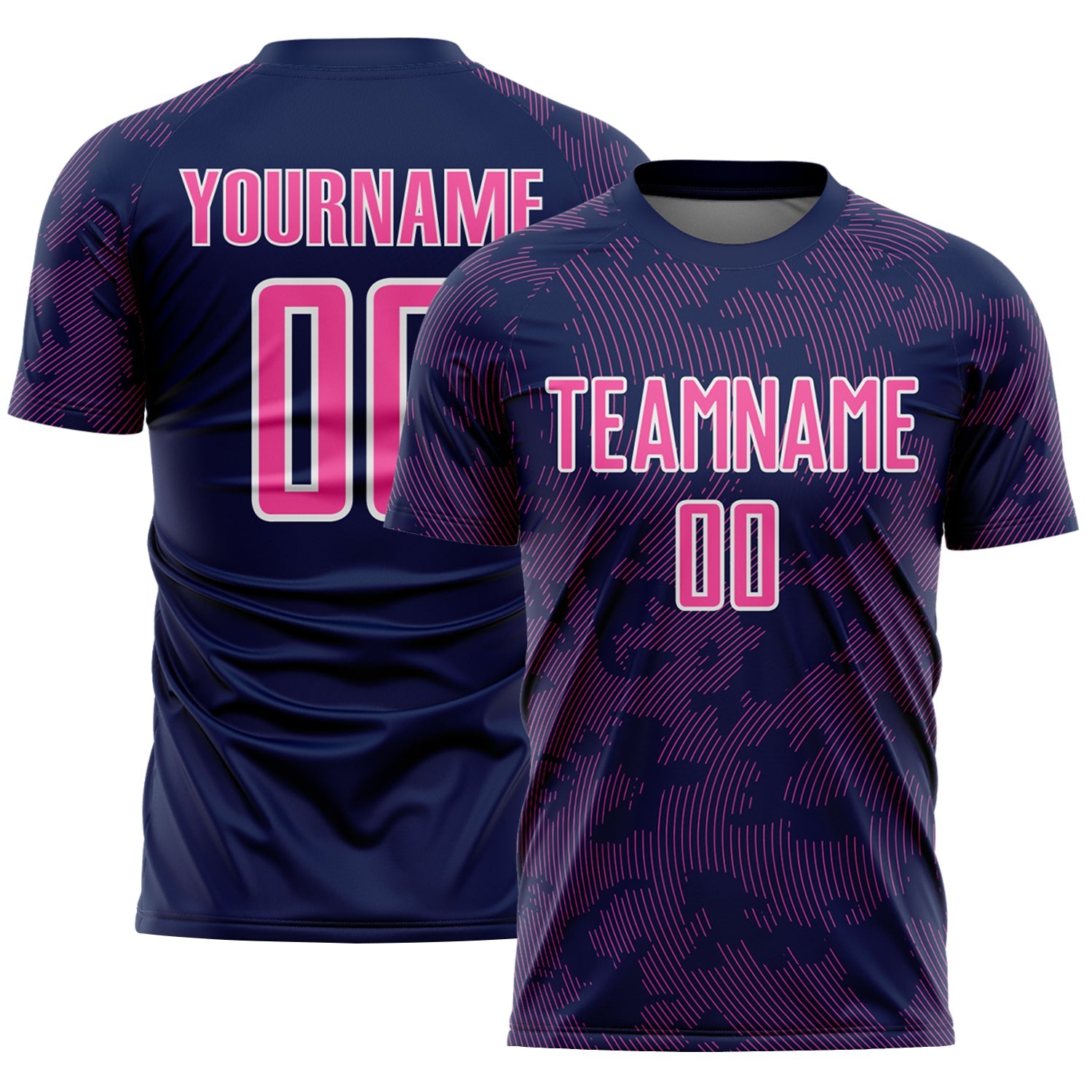 Custom Navy Pink-White Curve Lines Sublimation Soccer Uniform Jersey - Main View