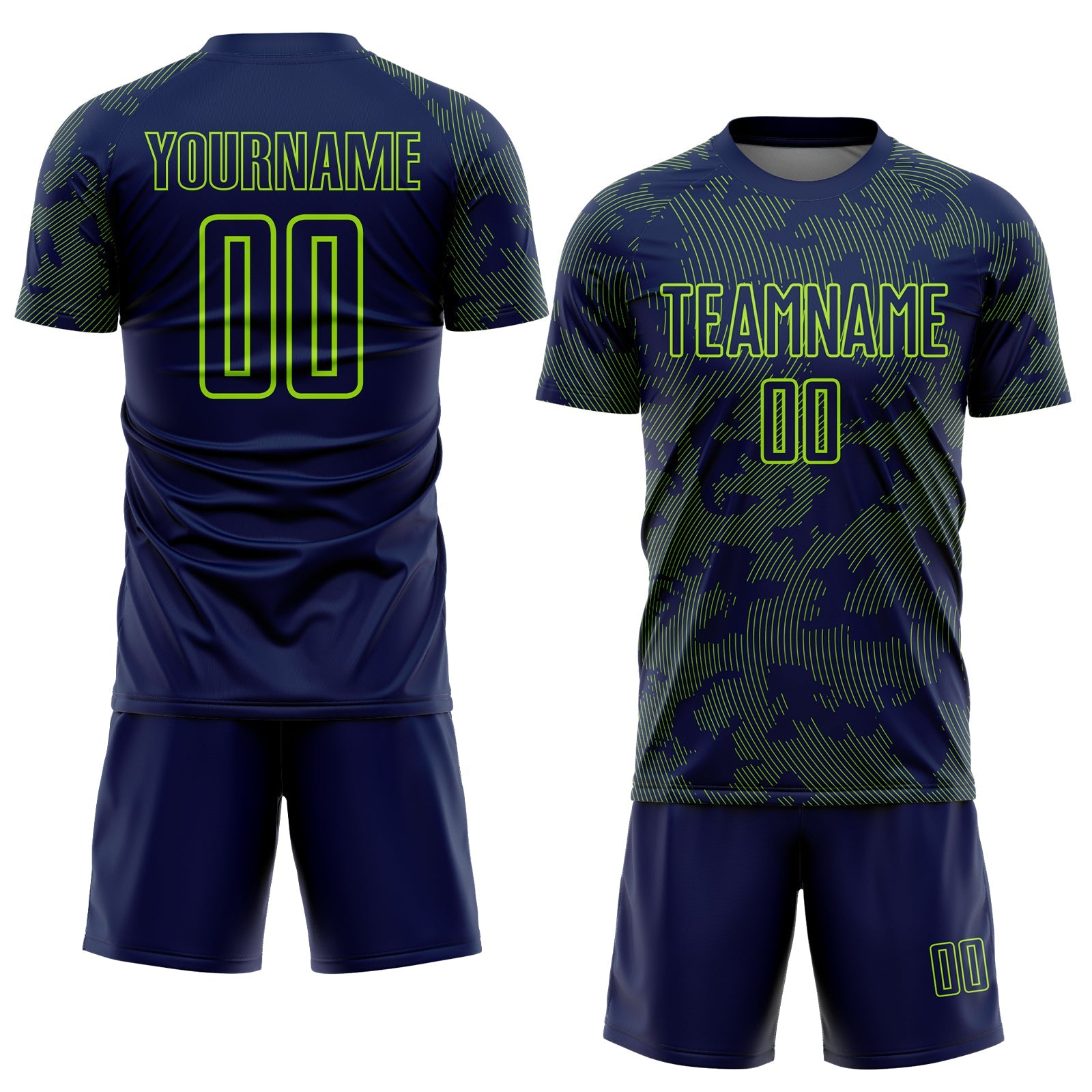 Custom Navy-Neon Green Curve Lines Sublimation Soccer Uniform Jersey view 2
