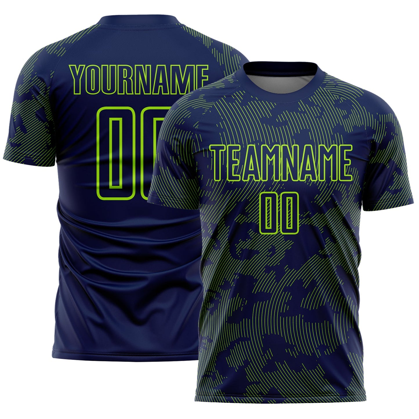 Custom Navy-Neon Green Curve Lines Sublimation Soccer Uniform Jersey - Main View