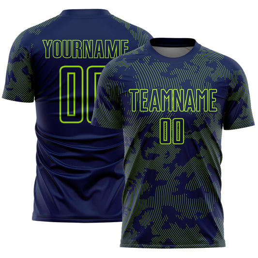 Custom Navy-Neon Green Curve Lines Sublimation Soccer Uniform Jersey - Main View