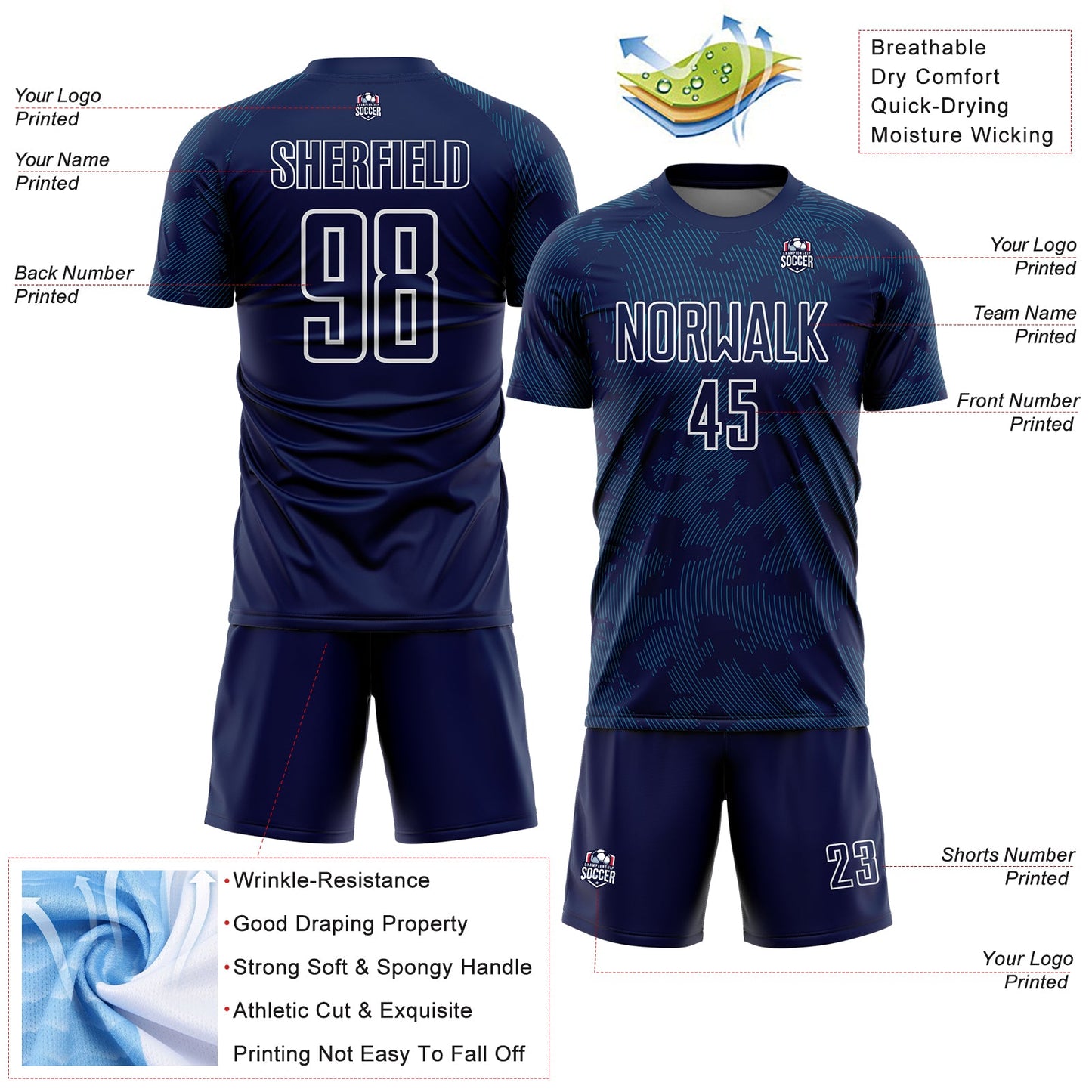 Custom Navy Teal-White Curve Lines Sublimation Soccer Uniform Jersey view 4