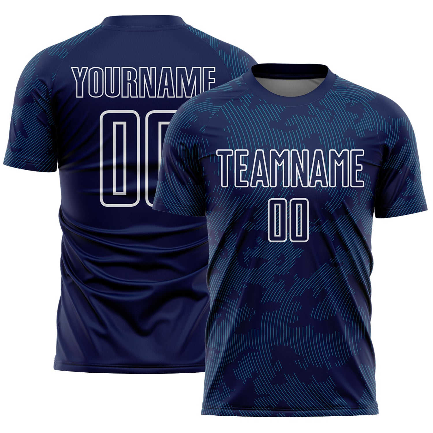 Custom Navy Teal-White Curve Lines Sublimation Soccer Uniform Jersey - Main View