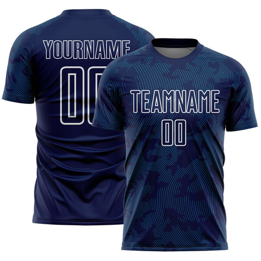 Custom Navy Teal-White Curve Lines Sublimation Soccer Uniform Jersey - Main View