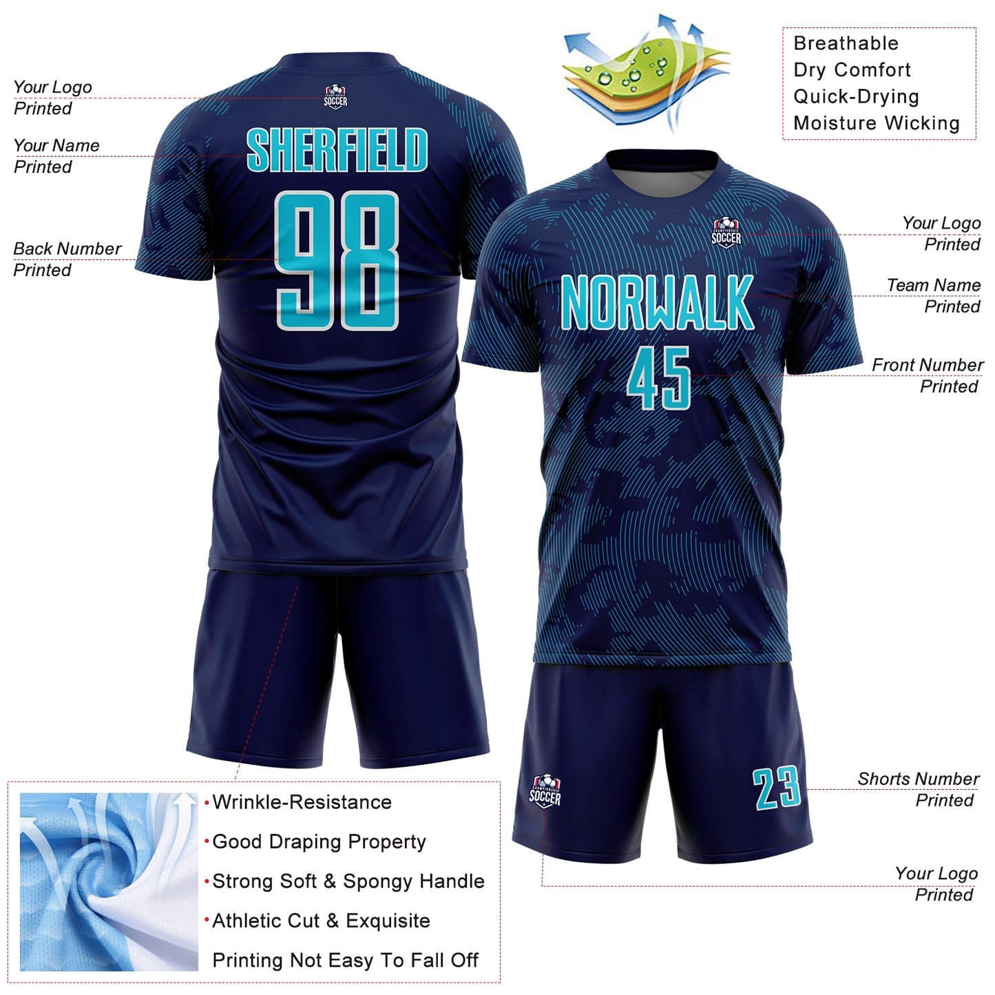 Custom Navy Lakes Blue-White Curve Lines Sublimation Soccer Uniform Jersey view 4