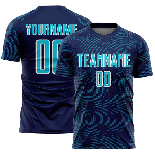 Custom Navy Lakes Blue-White Curve Lines Sublimation Soccer Uniform Jersey - Main View