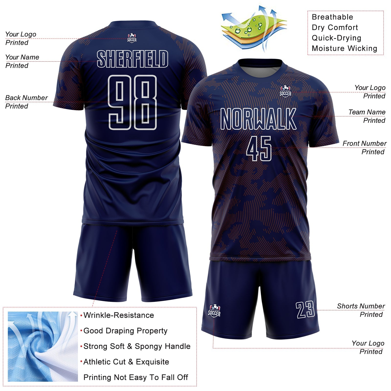 Custom Navy Texas Orange-White Curve Lines Sublimation Soccer Uniform Jersey view 4
