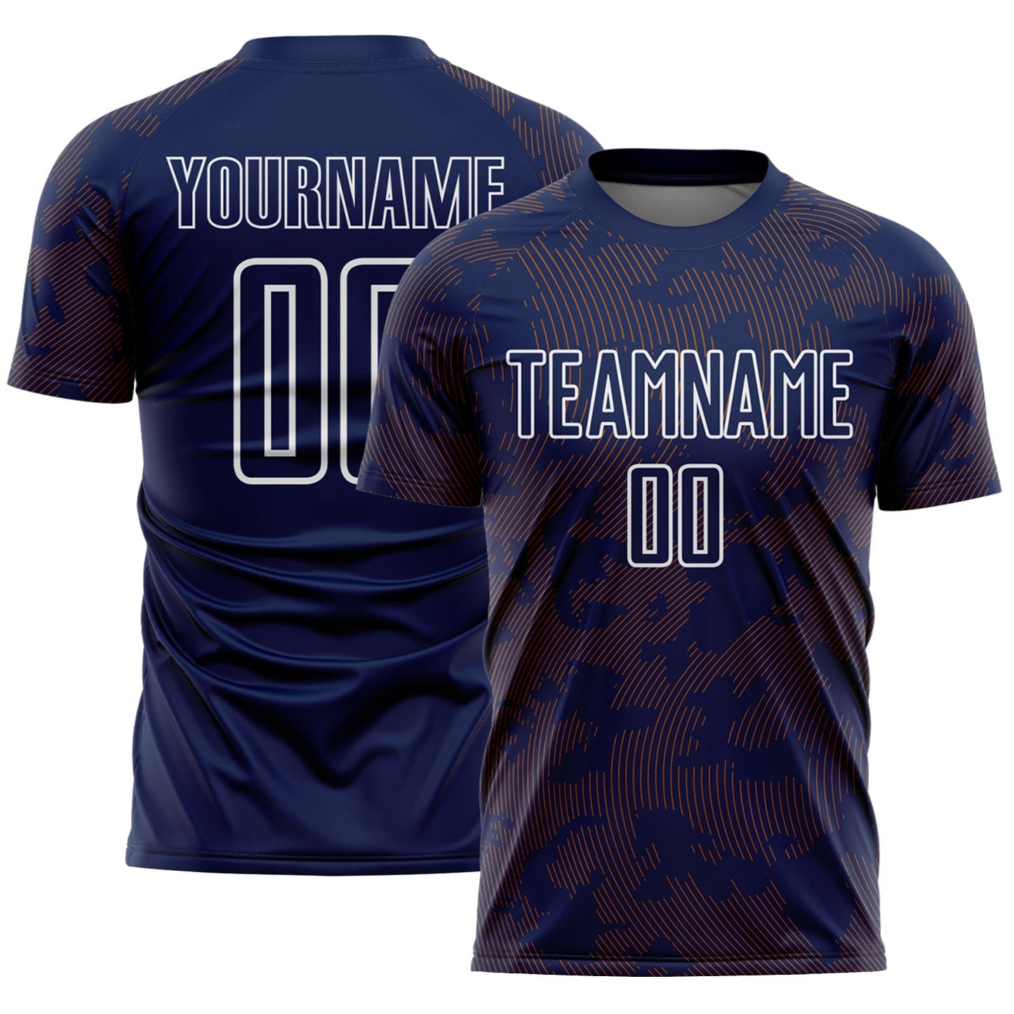Custom Navy Texas Orange-White Curve Lines Sublimation Soccer Uniform Jersey - Main View