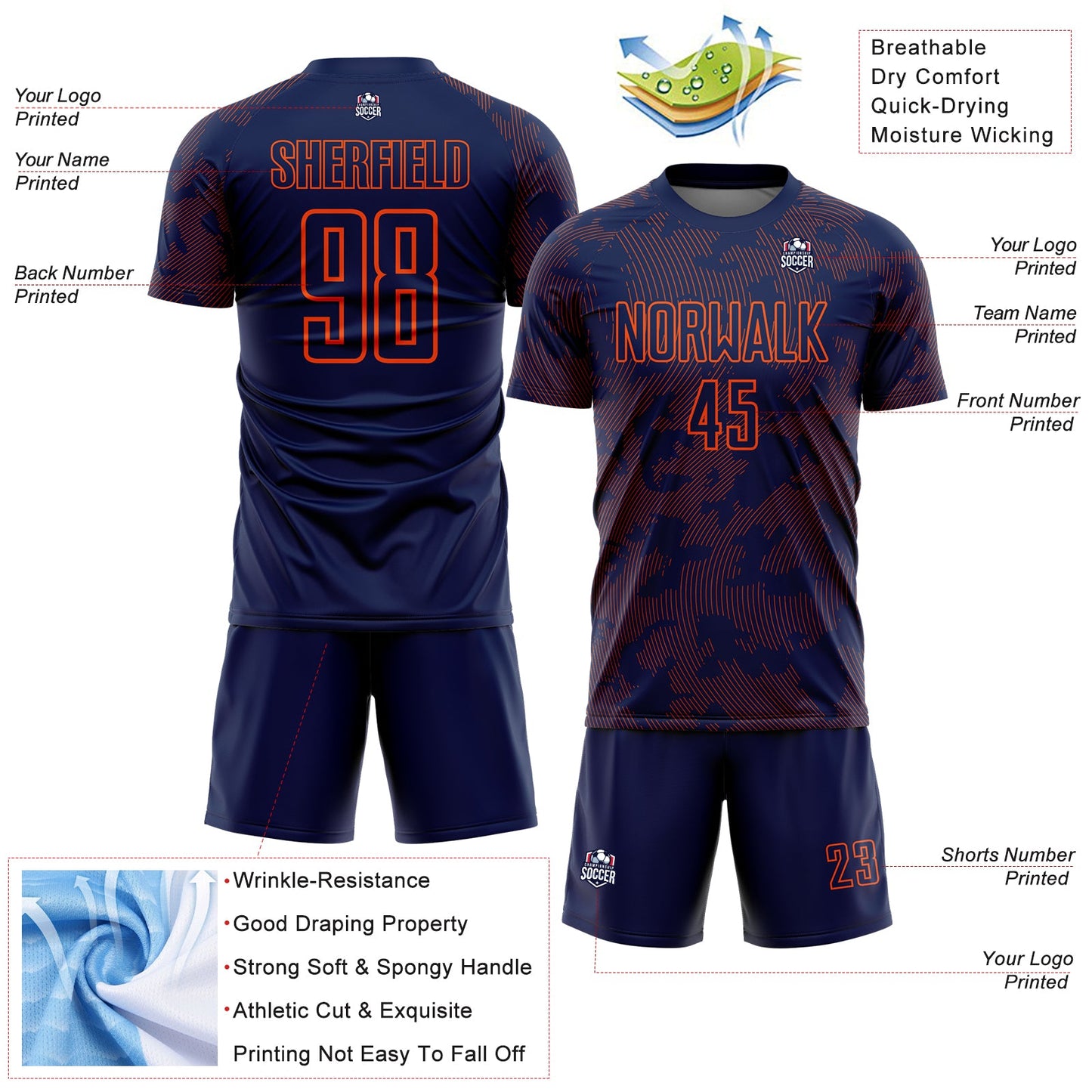 Custom Navy-Orange Curve Lines Sublimation Soccer Uniform Jersey view 4