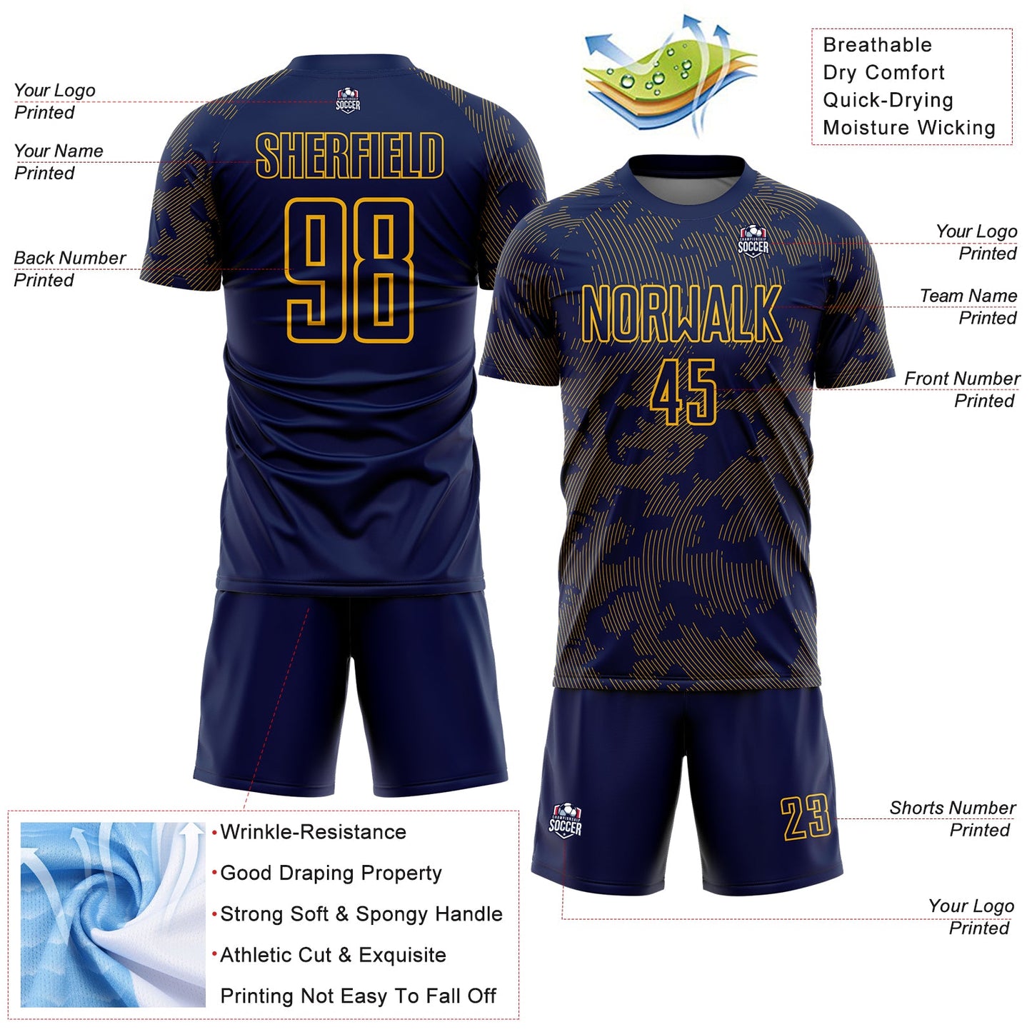 Custom Navy-Gold Curve Lines Sublimation Soccer Uniform Jersey view 4