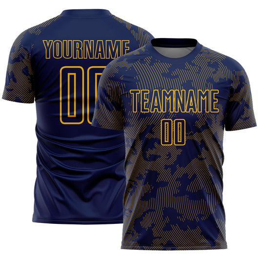 Custom Navy-Gold Curve Lines Sublimation Soccer Uniform Jersey - Main View