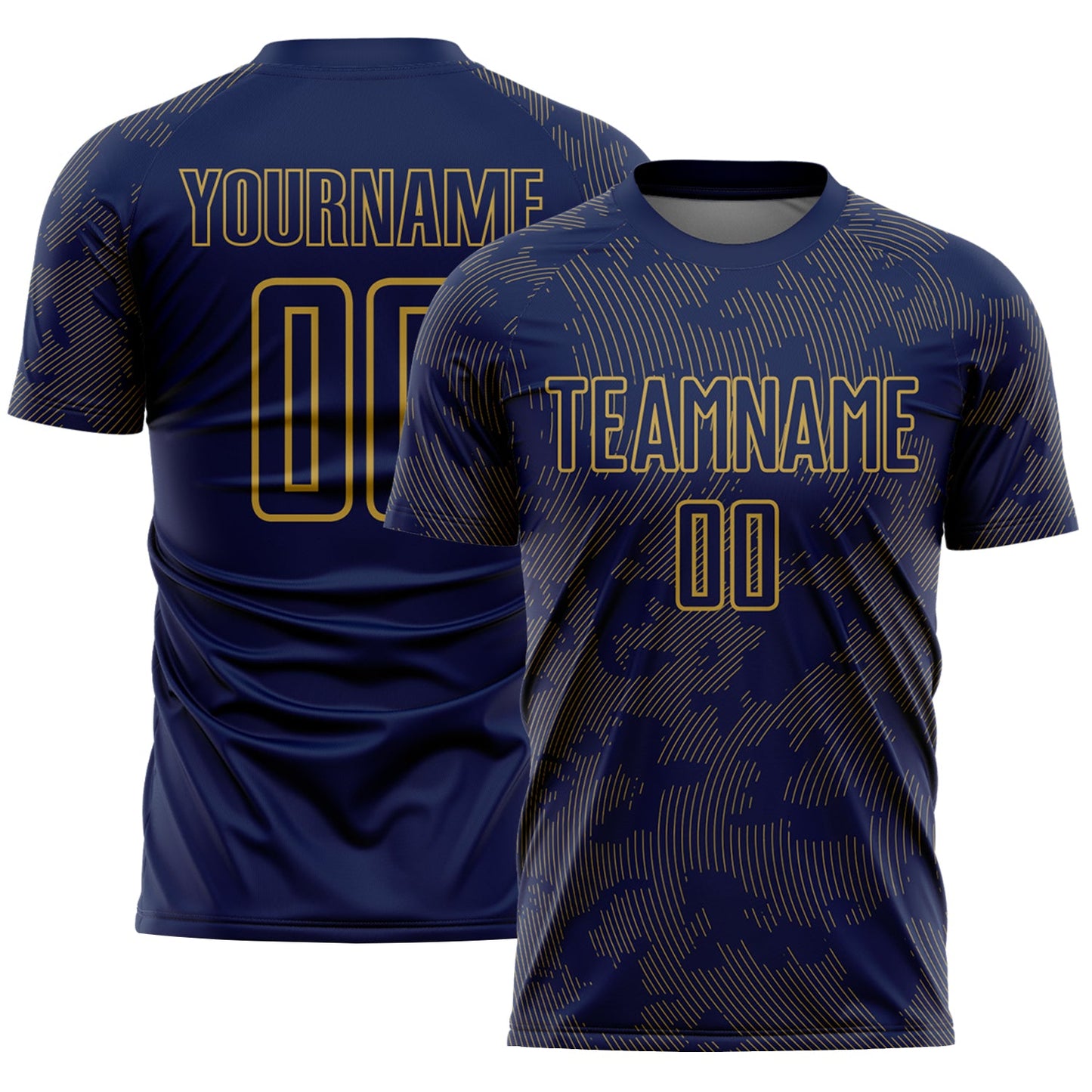 Custom Navy-Old Gold Curve Lines Sublimation Soccer Uniform Jersey - Main View