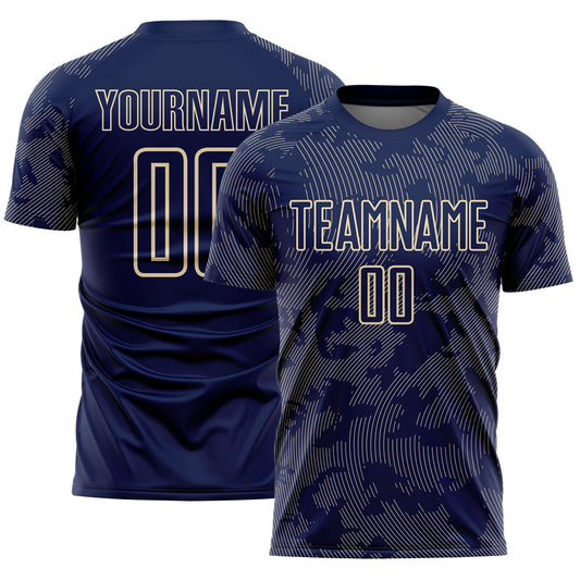 Custom Navy-Cream Curve Lines Sublimation Soccer Uniform Jersey - Main View