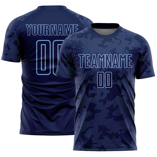 Custom Navy-Light Blue Curve Lines Sublimation Soccer Uniform Jersey - Main View