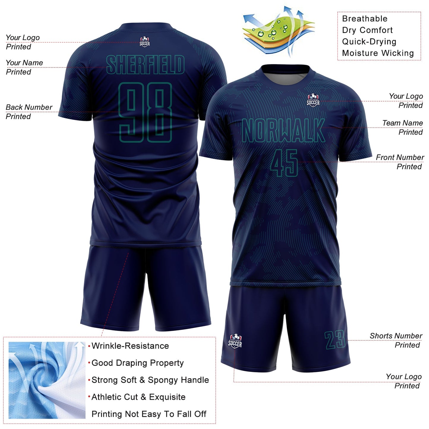 Custom Navy-Teal Curve Lines Sublimation Soccer Uniform Jersey view 4