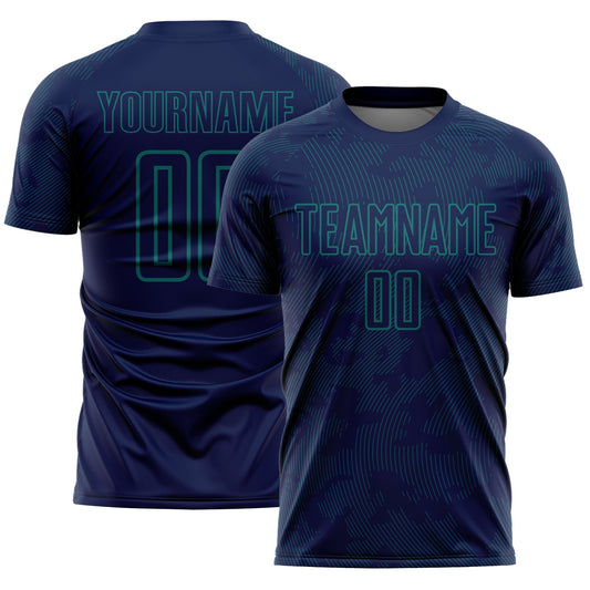 Custom Navy-Teal Curve Lines Sublimation Soccer Uniform Jersey - Main View