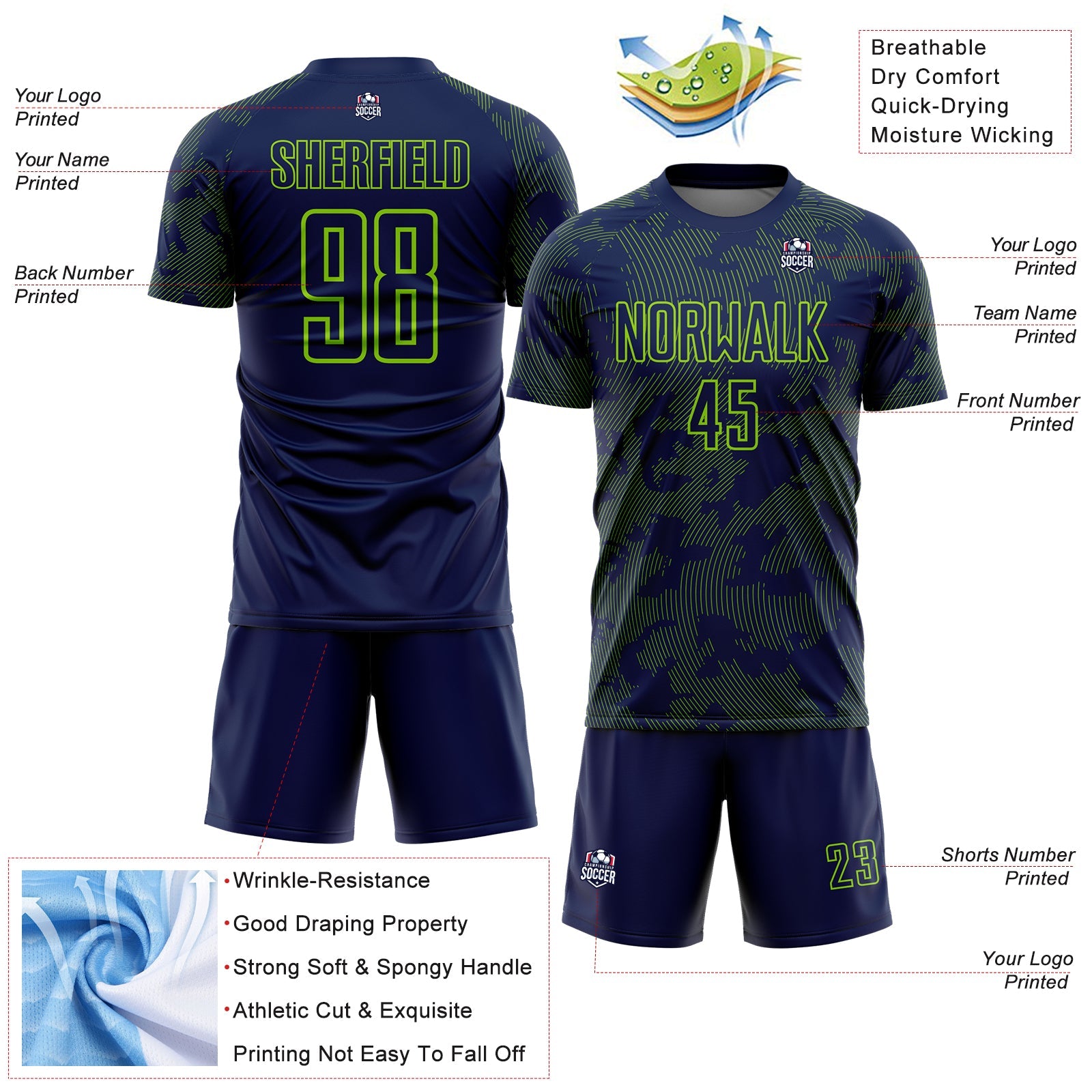 Custom Navy-Neon Green Curve Lines Sublimation Soccer Uniform Jersey view 4