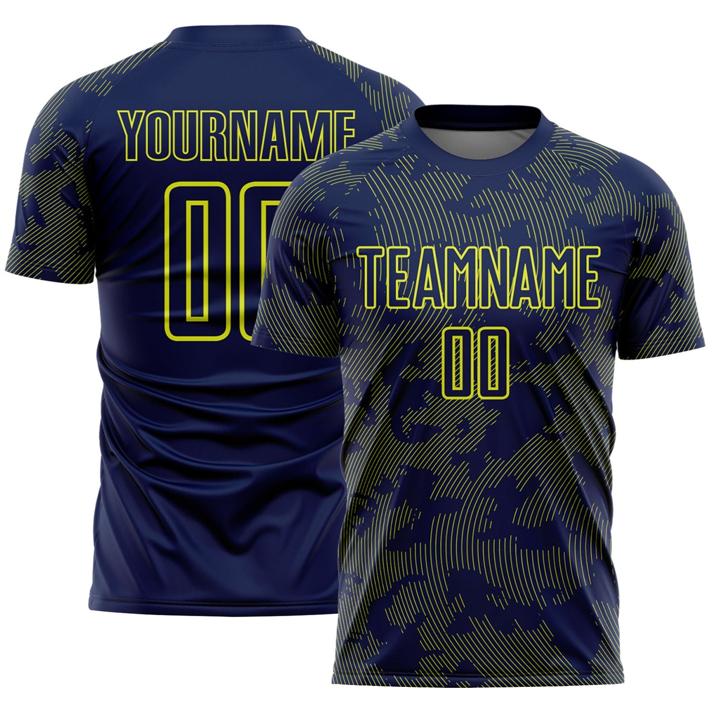 Custom Navy-Neon Yellow Curve Lines Sublimation Soccer Uniform Jersey - Main View